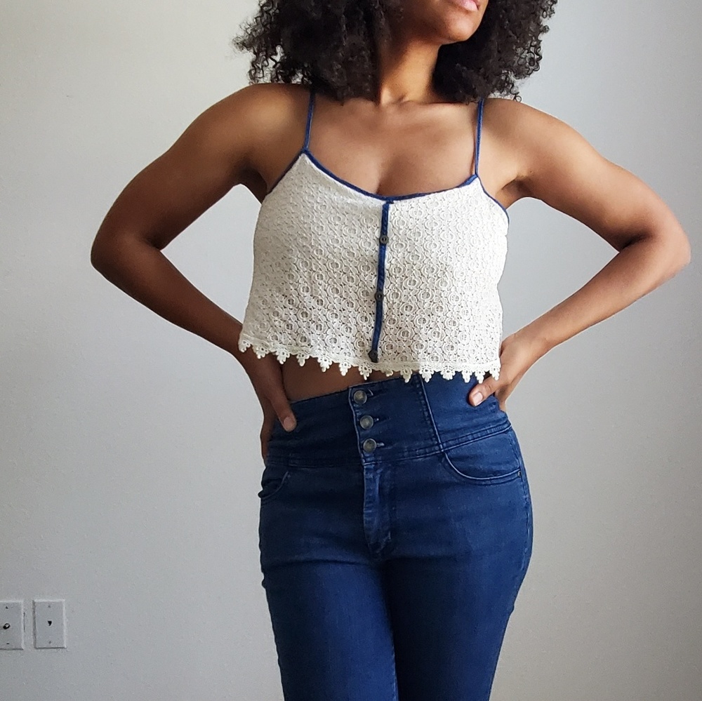 Paper Crane Lace crop top w/denim trim